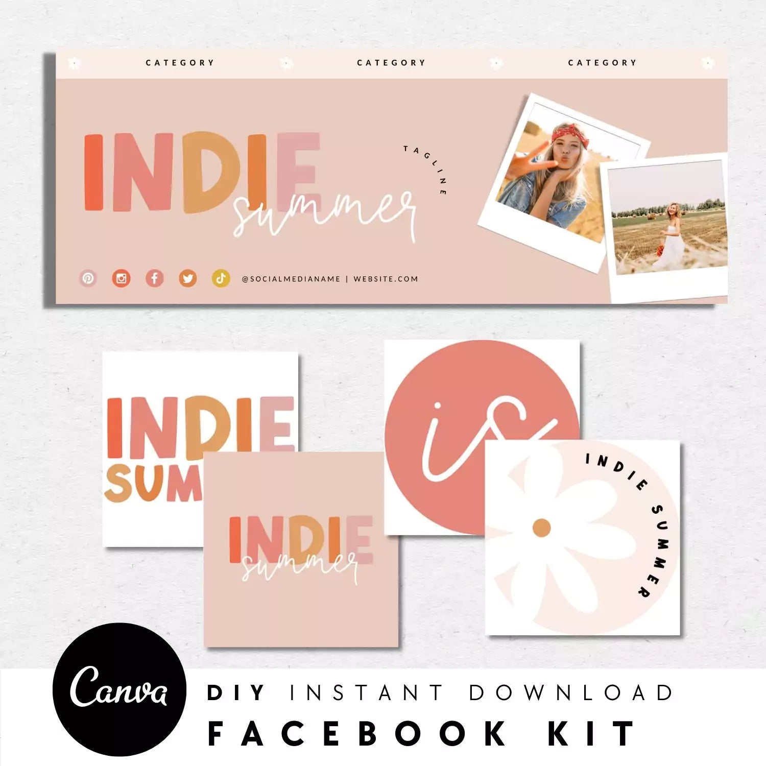Pastel Peach Facebook Cover Branding Set Canva Template | Beth - Trendy Fox Studio