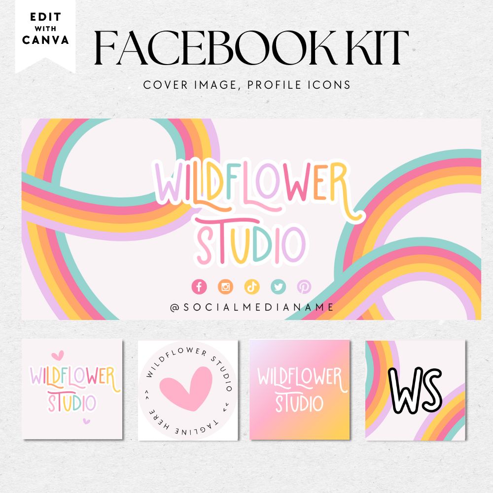 Pastel Rainbow Facebook Cover Branding Set Canva Template | Amara - Trendy Fox Studio