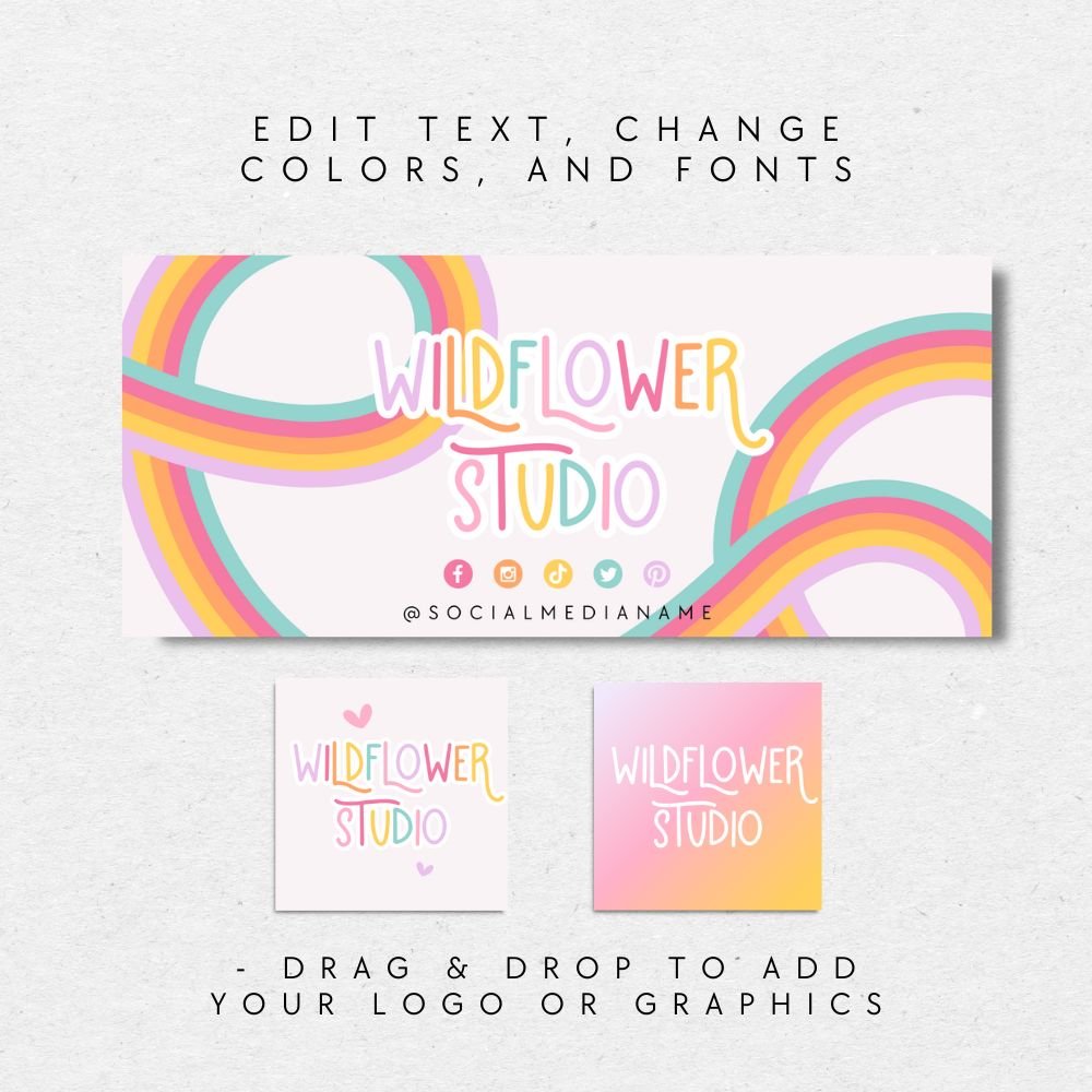 Pastel Rainbow Facebook Cover Branding Set Canva Template | Amara - Trendy Fox Studio