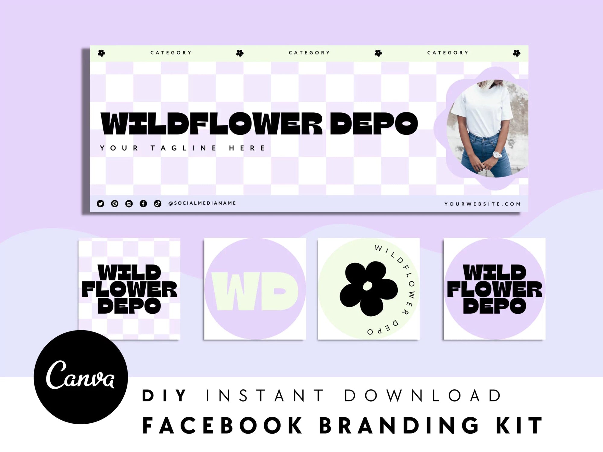 Pastel Y2k Checkered Facebook Cover Branding Set Canva Template | Becs - Trendy Fox Studio