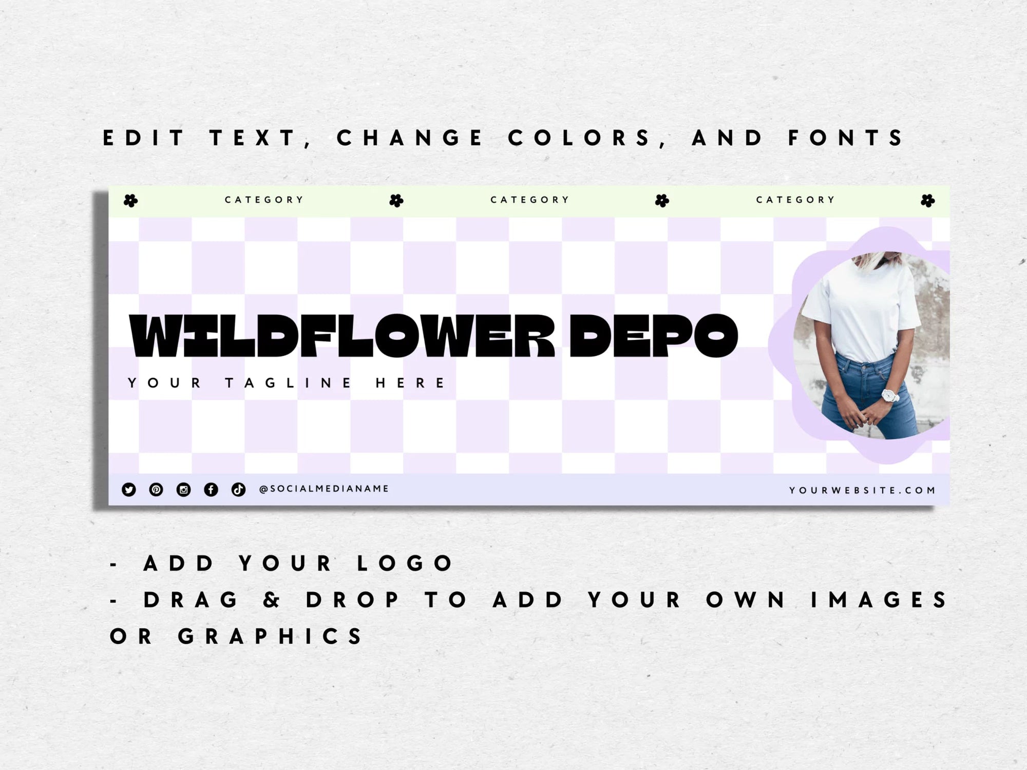 Pastel Y2k Checkered Facebook Cover Branding Set Canva Template | Becs - Trendy Fox Studio