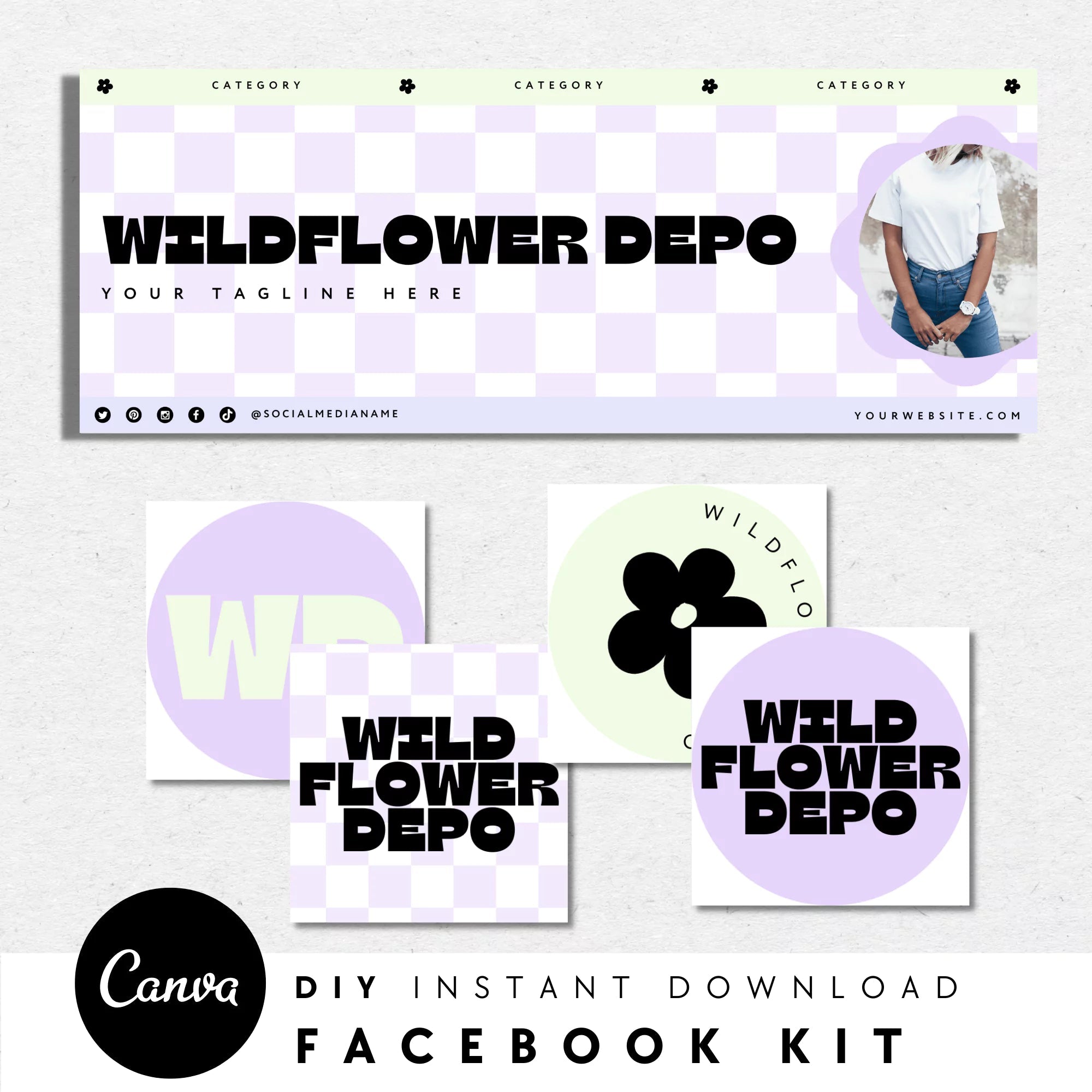 Pastel Y2k Checkered Facebook Cover Branding Set Canva Template | Becs - Trendy Fox Studio