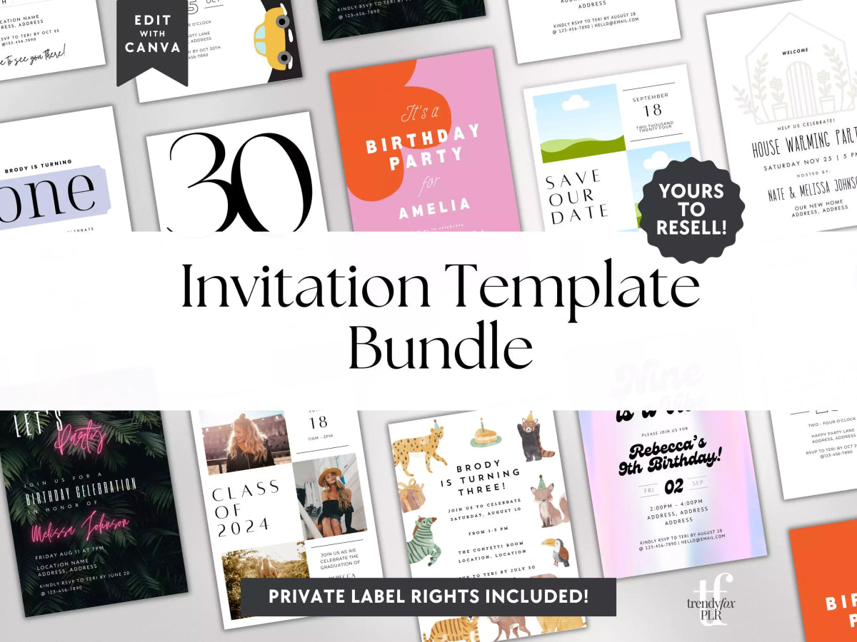 PLR Invitation Canva Template Bundle, Adult & Kids Birthday & Misc. Party Invitations - Trendy Fox Studio