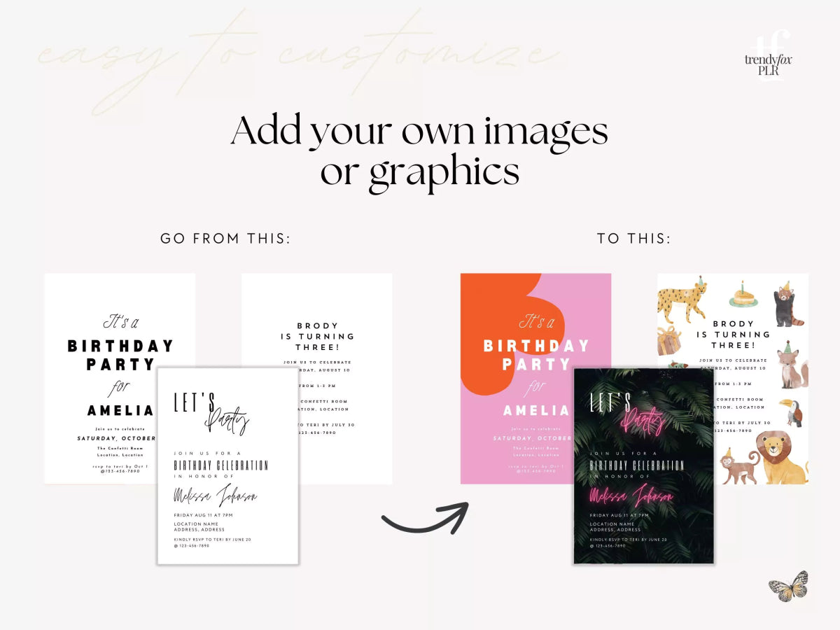 PLR Invitation Canva Template Bundle, Adult & Kids Birthday & Misc. Party Invitations - Trendy Fox Studio