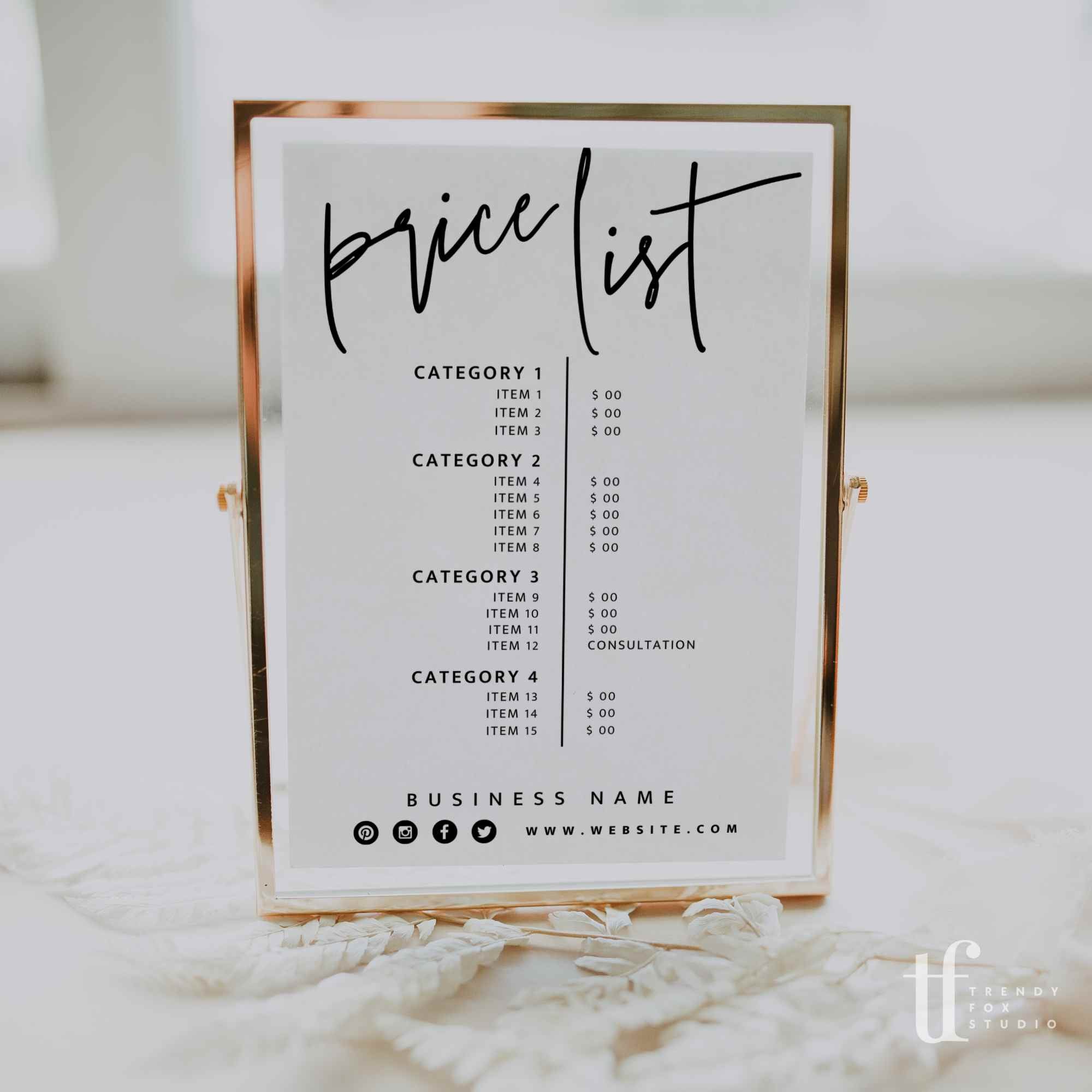 Modern Price List Menu Canva Template Skye Trendy Fox Studio