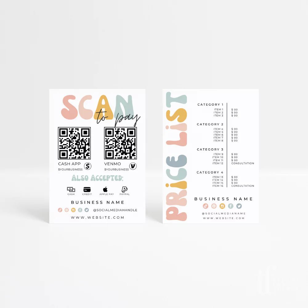 Rainbow Retro Price List & Scan to Pay Sign Canva Template | Amy - Trendy Fox Studio