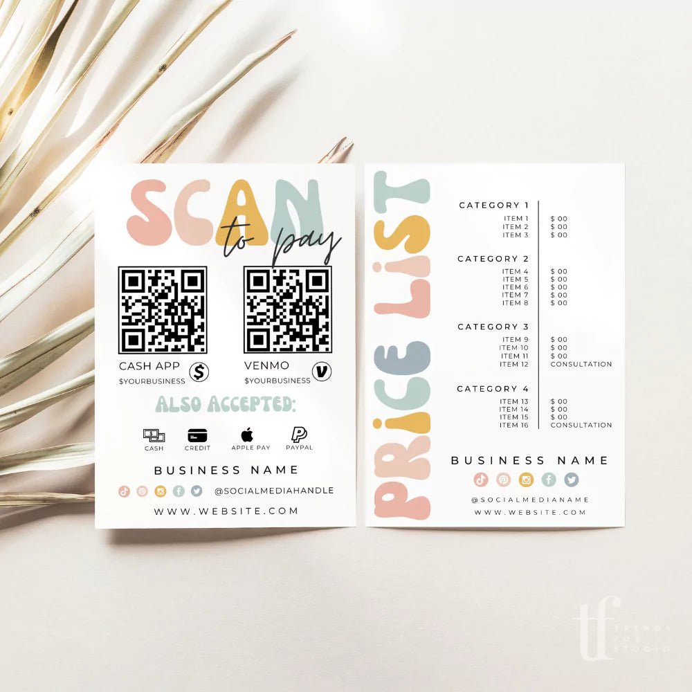 Rainbow Retro Price List & Scan to Pay Sign Canva Template | Amy - Trendy Fox Studio