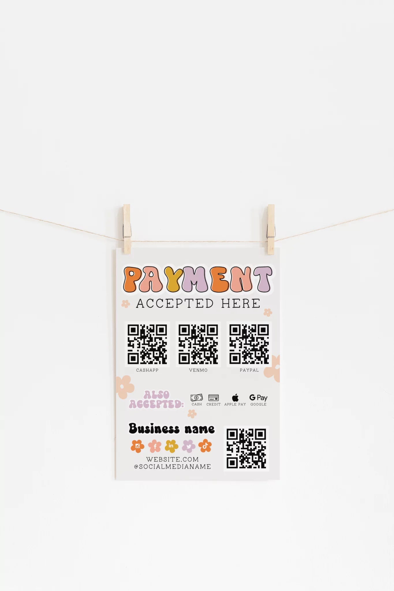 Rainbow Retro Scan to Pay Sign, Accepted Payments Sign Canva Template | Birdie - Trendy Fox Studio