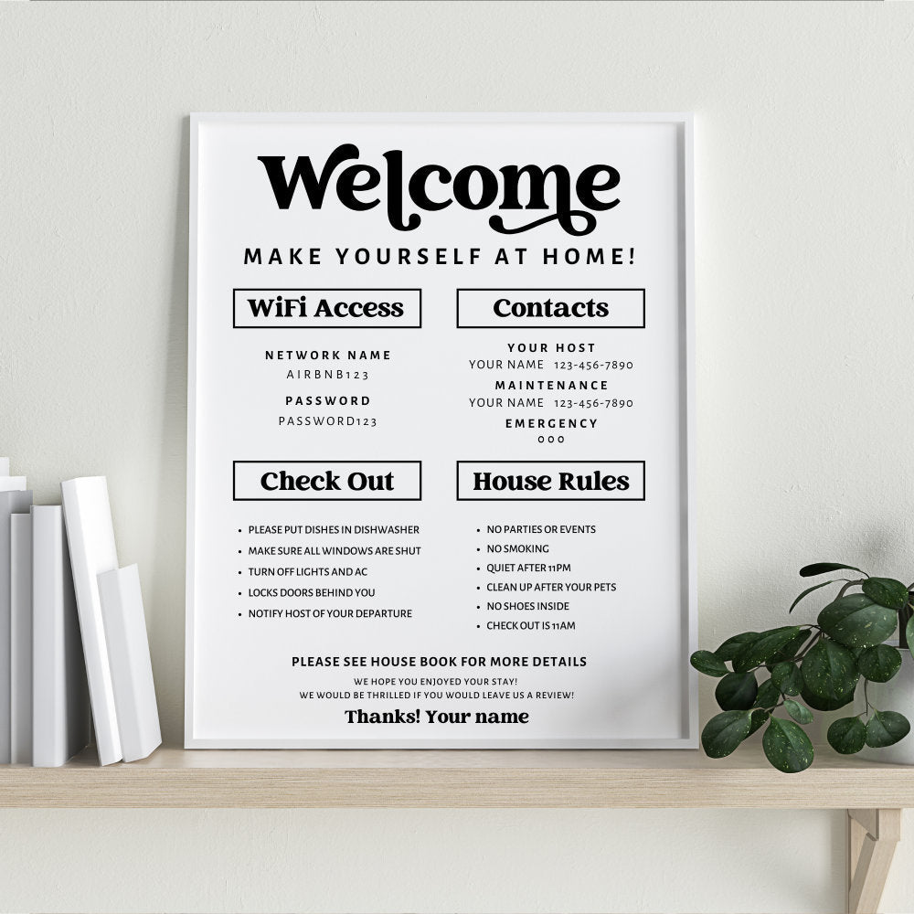 Retro Airbnb Sign Template, 1 Page Editable Welcome Poster, WiFi Password Sign Printable, AirBNB House Rules Signage, Vacation Rental Sign | Dani - Trendy Fox Studio