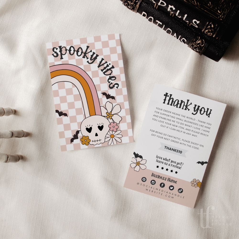 Retro Boho Rainbow Halloween Business Thank You Card Editable Canva Template | Order Thank You - Trendy Fox Studio