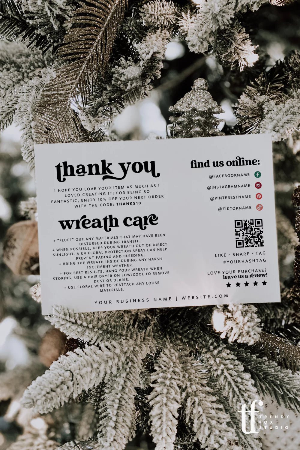 Retro Christmas Business Thank You Card & Artificial Wreath Care Canva Template - Trendy Fox Studio