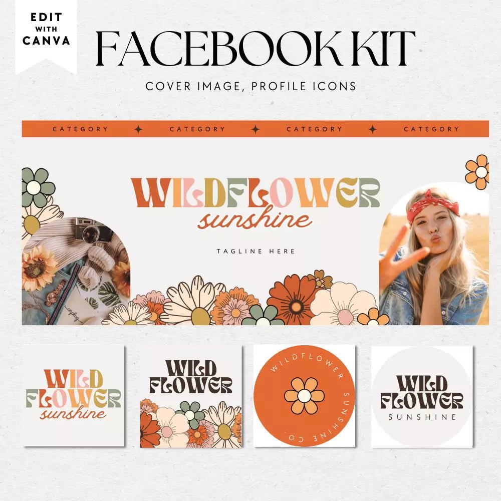 Retro Groovy 70s Facebook Cover Branding Set Canva Template | Sol - Trendy Fox Studio