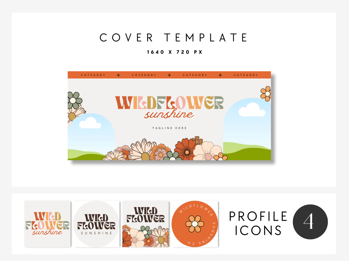 Retro Groovy 70s Facebook Cover Branding Set Canva Template | Sol - Trendy Fox Studio