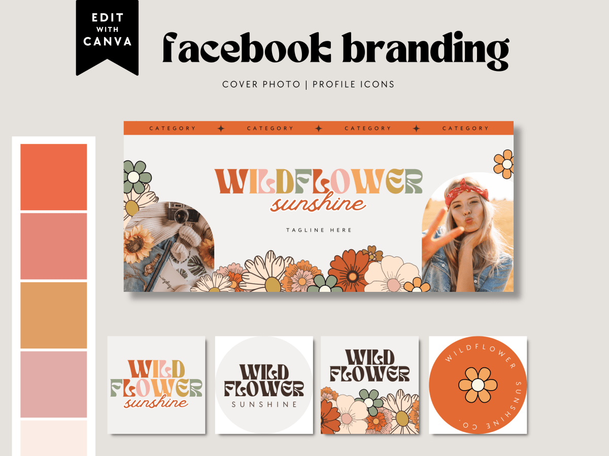 Retro Groovy 70s Facebook Cover Branding Set Canva Template | Sol - Trendy Fox Studio