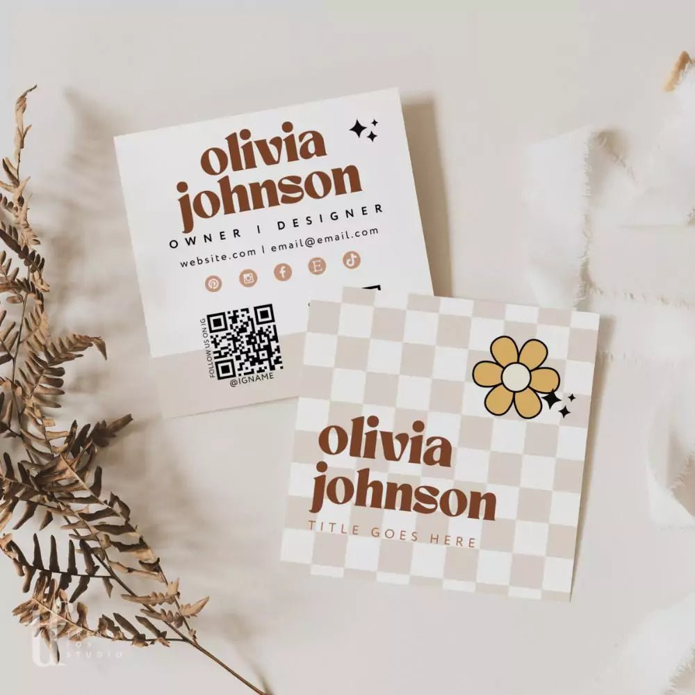 Retro Groovy Square Business Card with QR Code Canva Template | Pixie - Trendy Fox Studio