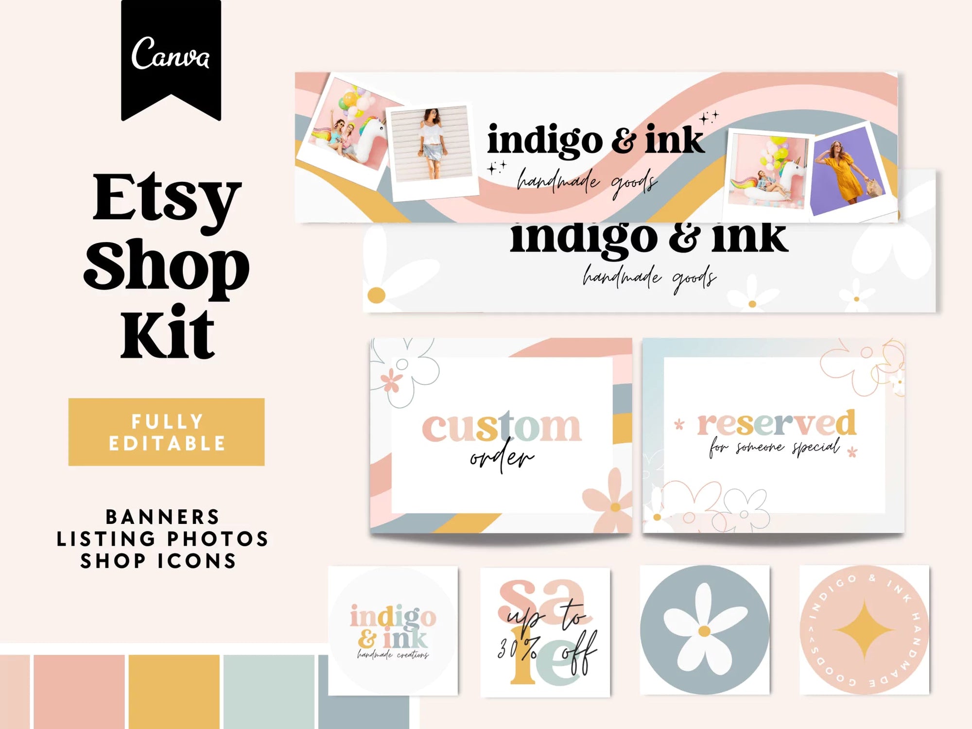 Retro Pastel Etsy Shop Kit Canva Template | Etsy Banner, Listing Photos, Icon | Dani - Trendy Fox Studio