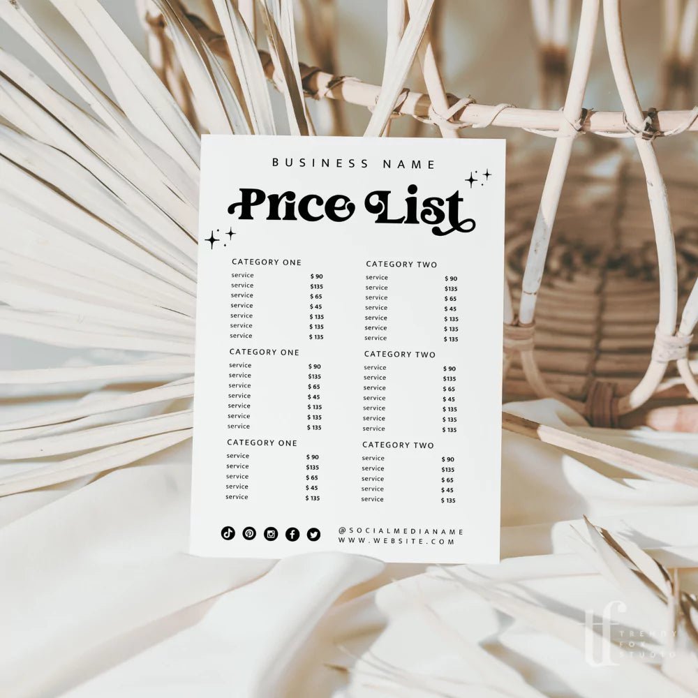 Retro Price List, Printable Pricing Sign Canva Template | Dani - Trendy Fox Studio