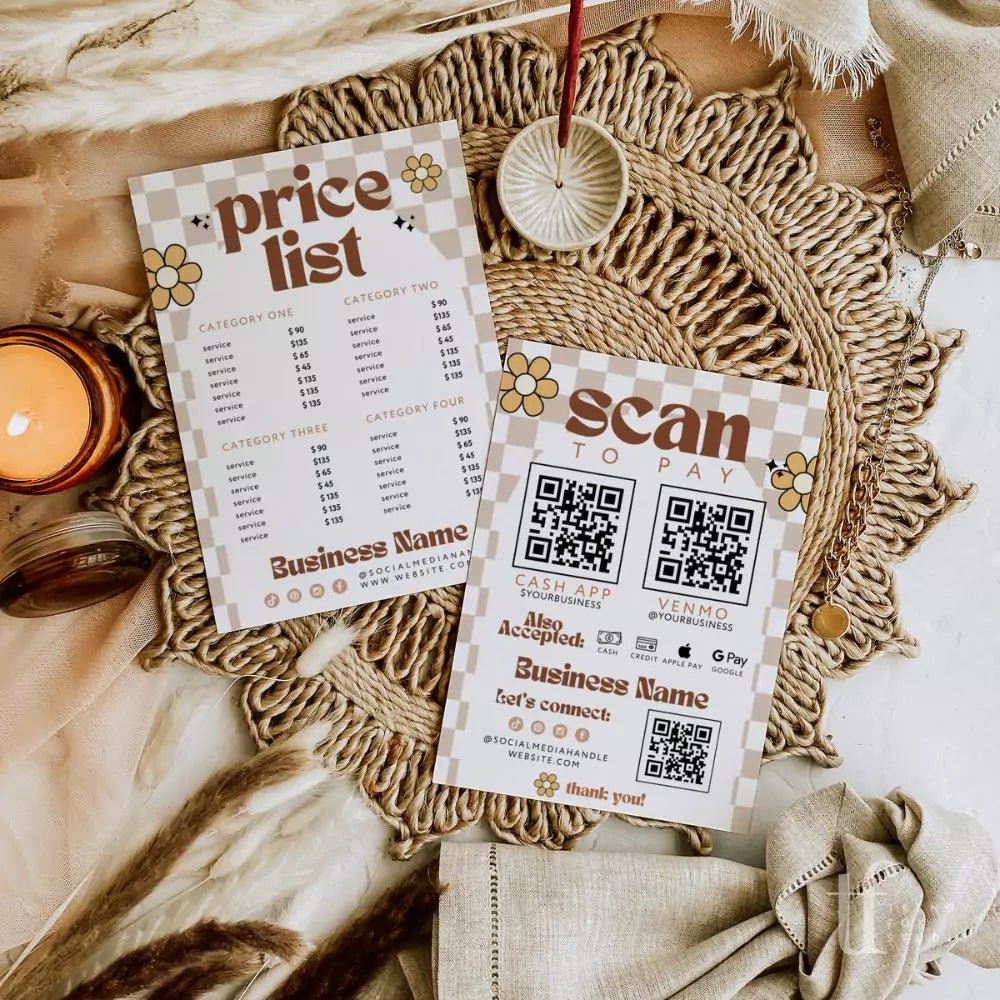 Retro Price List &amp; Scan to Pay Sign Canva Template | Pixie - Trendy Fox Studio