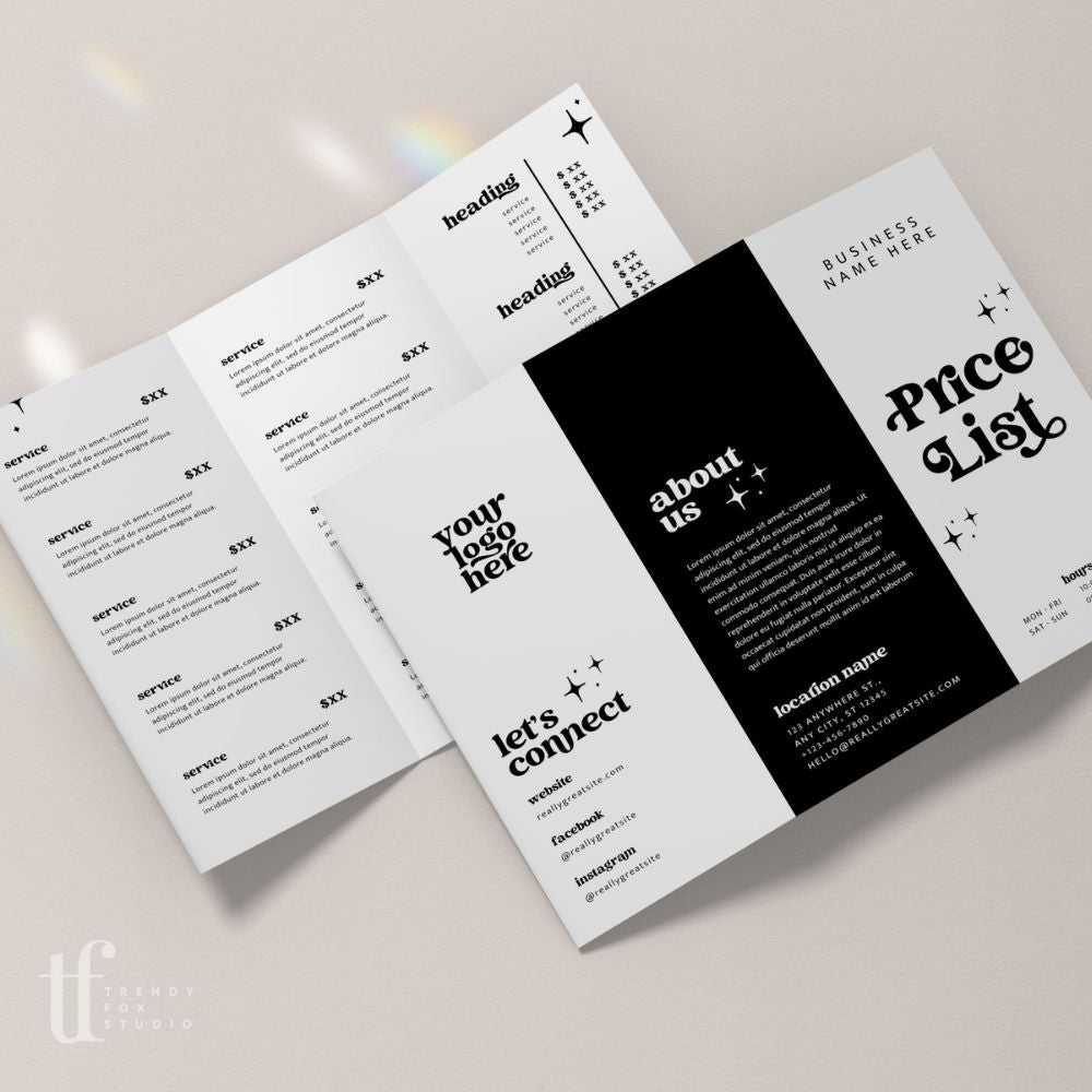 Retro Tri-Fold Price List, Brochure Rack Card Price Menu, Canva Template | Dani - Trendy Fox Studio