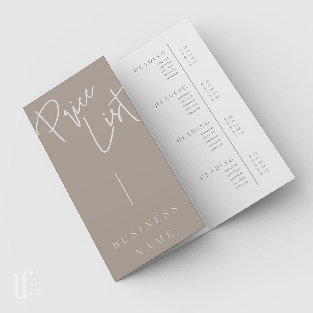 Tri-Fold Price List, Brochure Rack Card Price Menu, Canva Template | Skye - Trendy Fox Studio