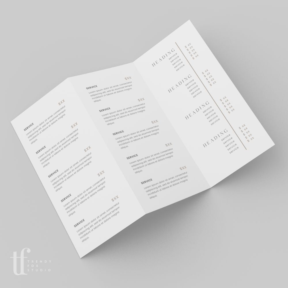 Tri-Fold Price List, Brochure Rack Card Price Menu, Canva Template | Skye - Trendy Fox Studio