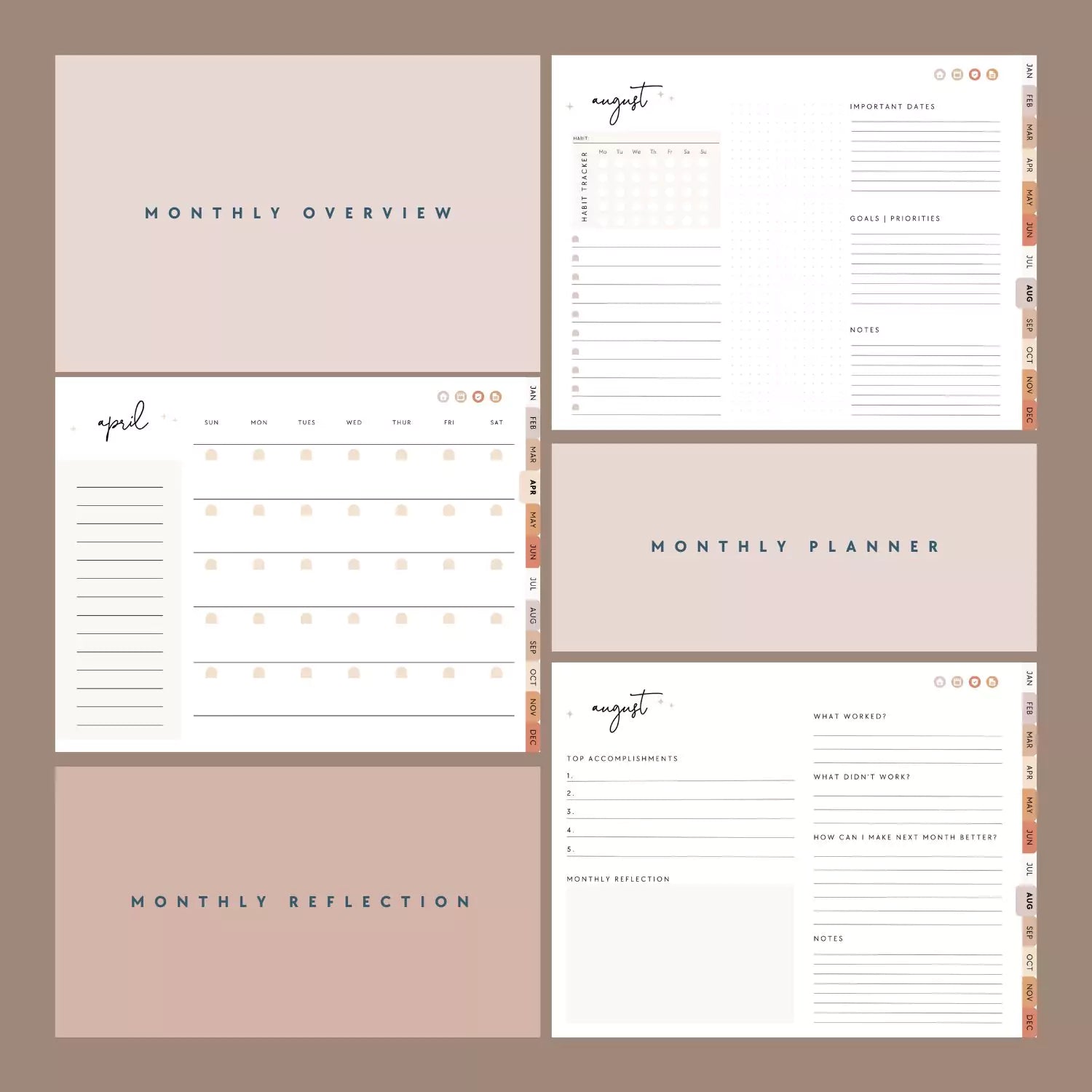Undated Monthly & Weekly Digital Planner, Neutral Boho Blush, Horizontal Layout with Goal Planner and Habit Tracker - Trendy Fox Studio