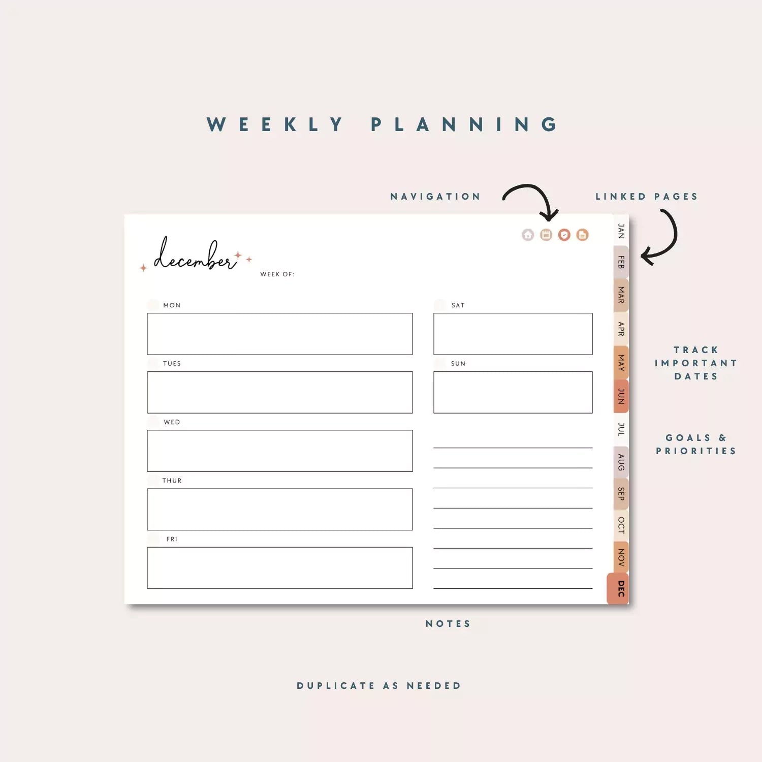 Undated Monthly & Weekly Digital Planner, Neutral Boho Blush, Horizontal Layout with Goal Planner and Habit Tracker - Trendy Fox Studio