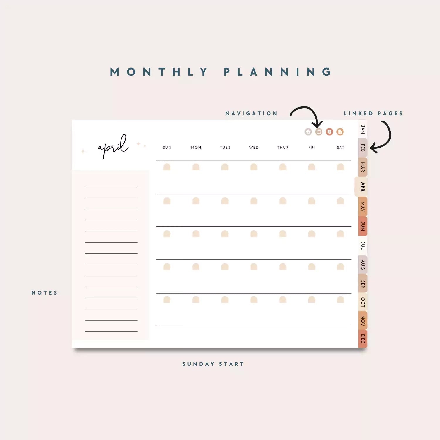 Undated Monthly & Weekly Digital Planner, Neutral Boho Blush, Horizontal Layout with Goal Planner and Habit Tracker - Trendy Fox Studio