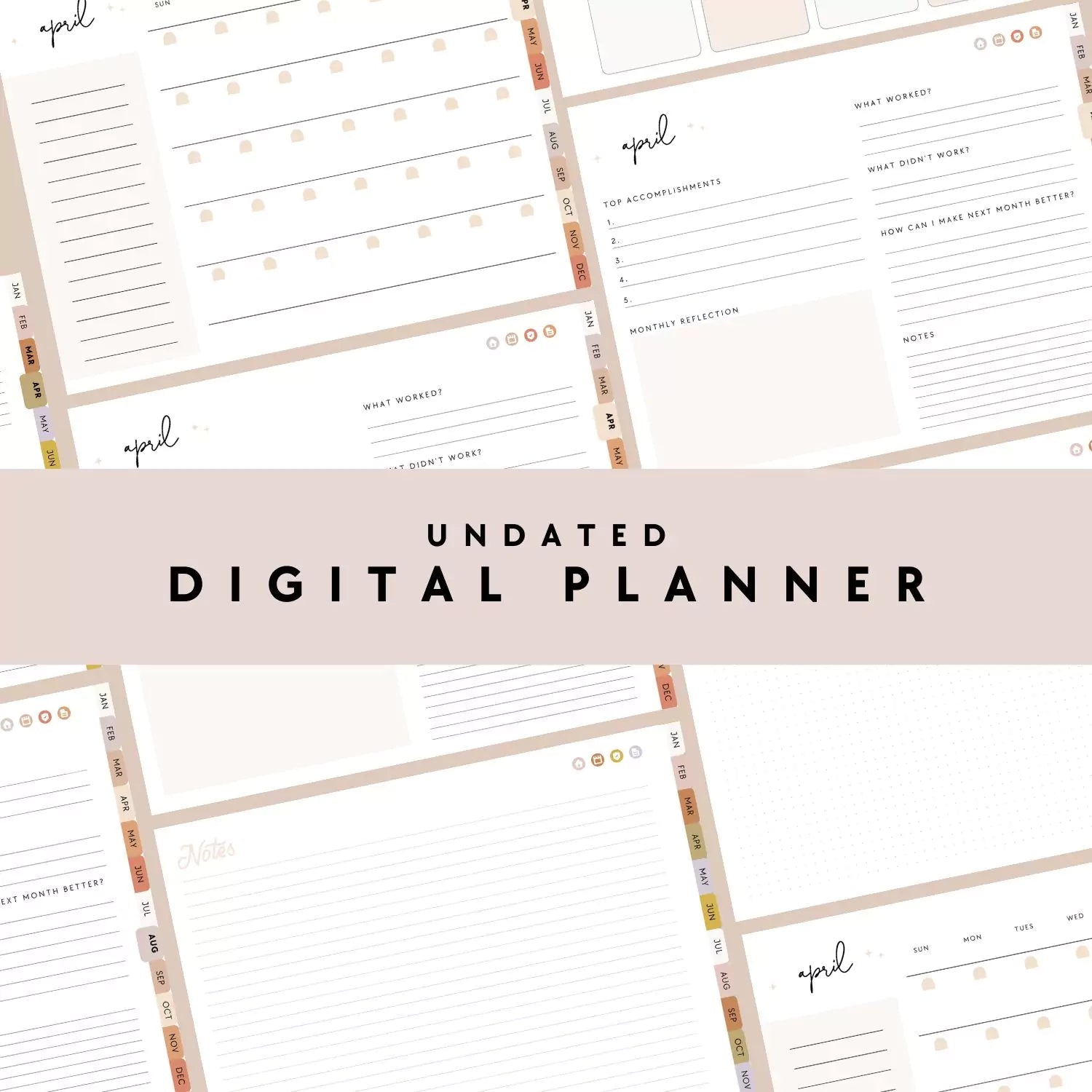 Undated Monthly & Weekly Digital Planner, Neutral Boho Blush, Horizontal Layout with Goal Planner and Habit Tracker - Trendy Fox Studio