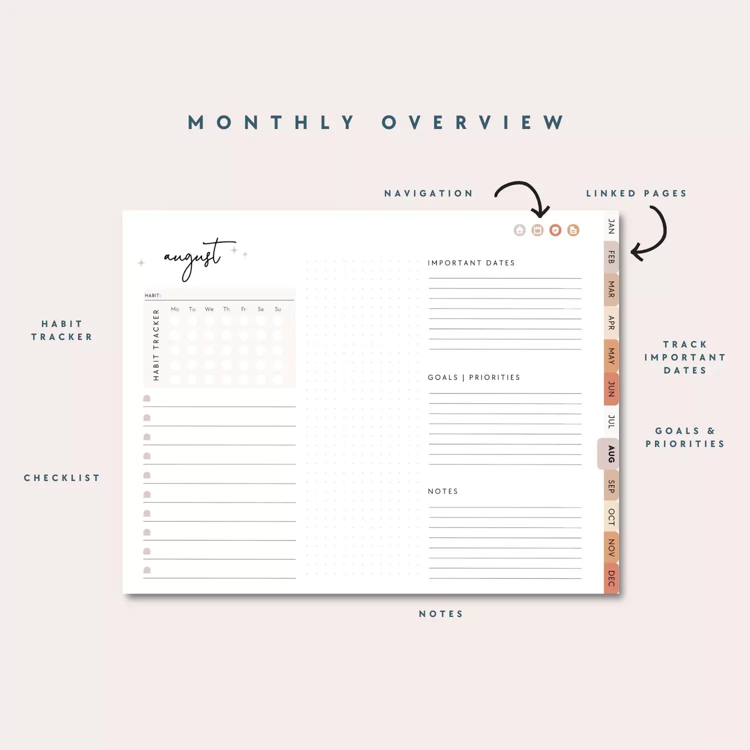 Undated Monthly & Weekly Digital Planner, Neutral Boho Blush, Horizontal Layout with Goal Planner and Habit Tracker - Trendy Fox Studio