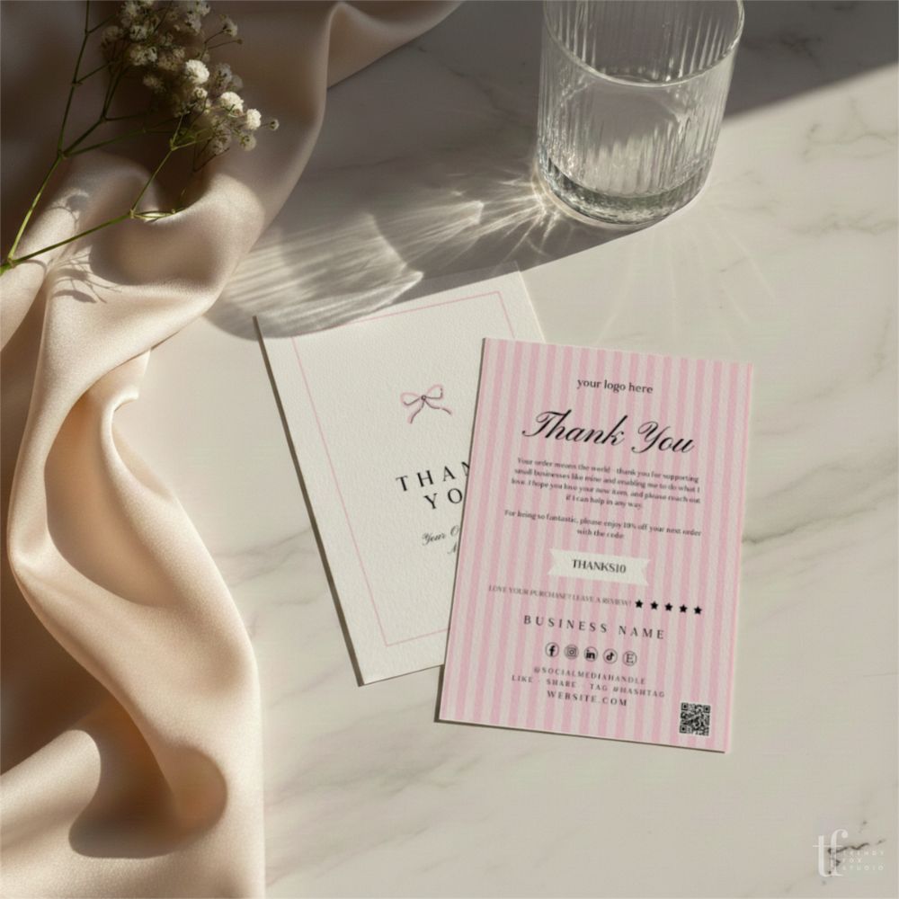 Business Thank You Card Canva Template | Coquette Pink Bows | Brit - Trendy Fox Studio