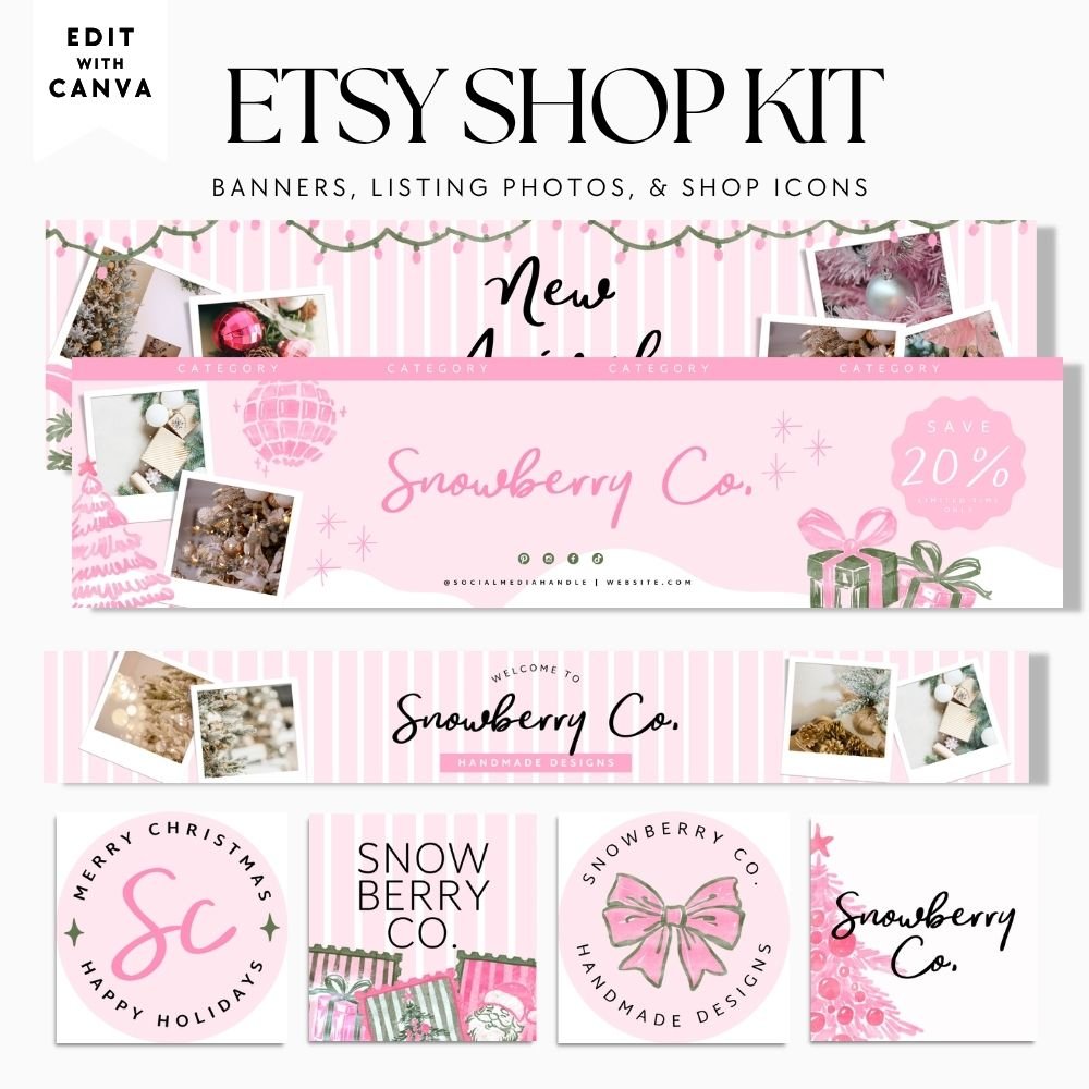 Etsy Shop Kit Canva Template | Vintage Pink Christmas Etsy Banner, Listing Photos, Icon | Roselle - Trendy Fox Studio