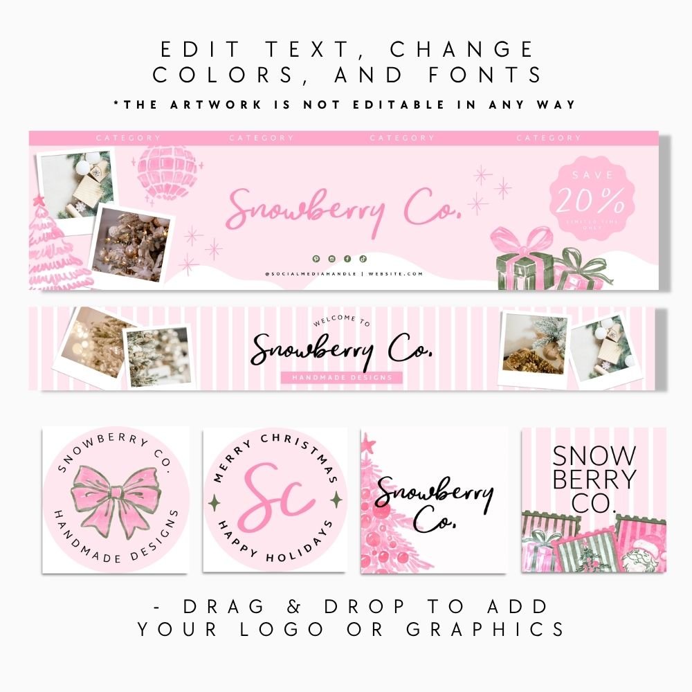 Etsy Shop Kit Canva Template | Vintage Pink Christmas Etsy Banner, Listing Photos, Icon | Roselle - Trendy Fox Studio