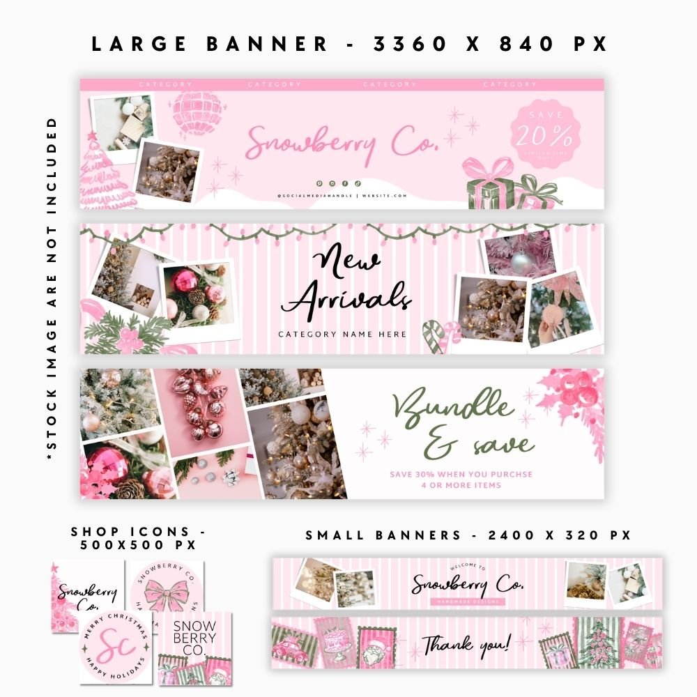 Etsy Shop Kit Canva Template | Vintage Pink Christmas Etsy Banner, Listing Photos, Icon | Roselle - Trendy Fox Studio