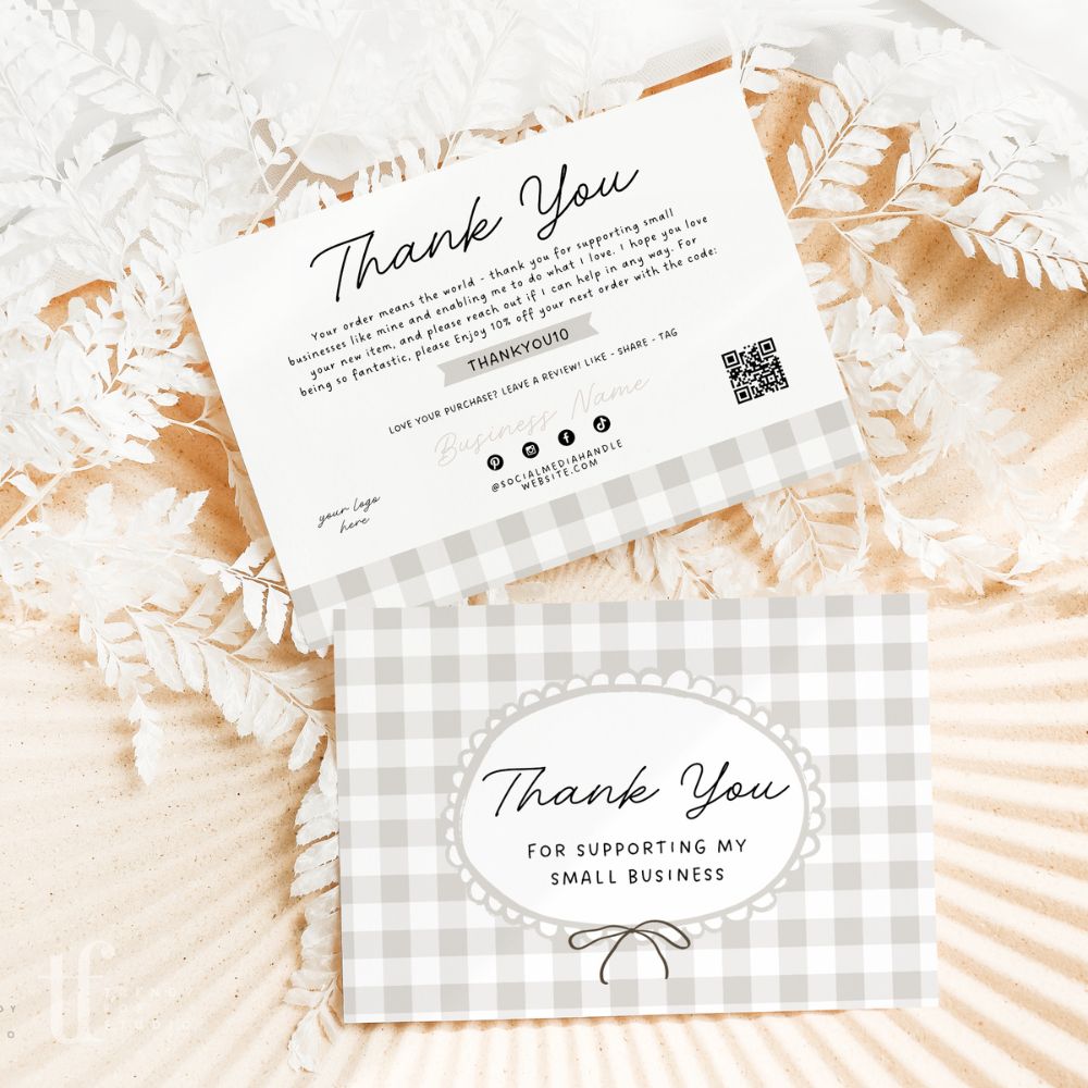 Business Thank You Card Canva Template | Cottagecore Neutral Gingham | Lula - Trendy Fox Studio