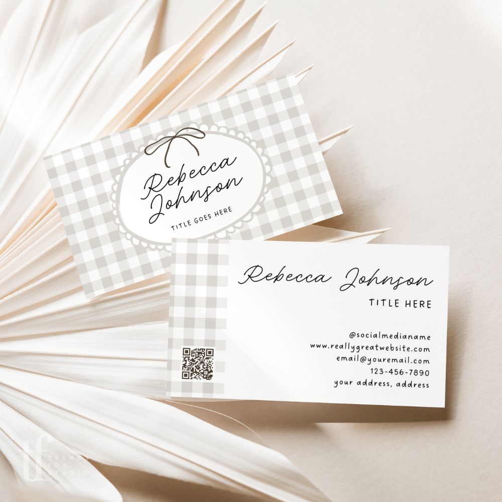 Business Card Canva Template with QR Code | Cottagecore Gingham | Lula - Trendy Fox Studio