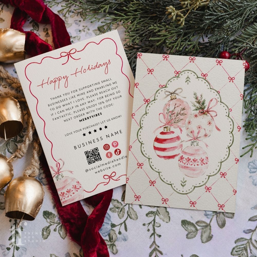 Christmas Business Thank You Card Canva Template | Coquette Watercolor Ornaments Holiday Insert