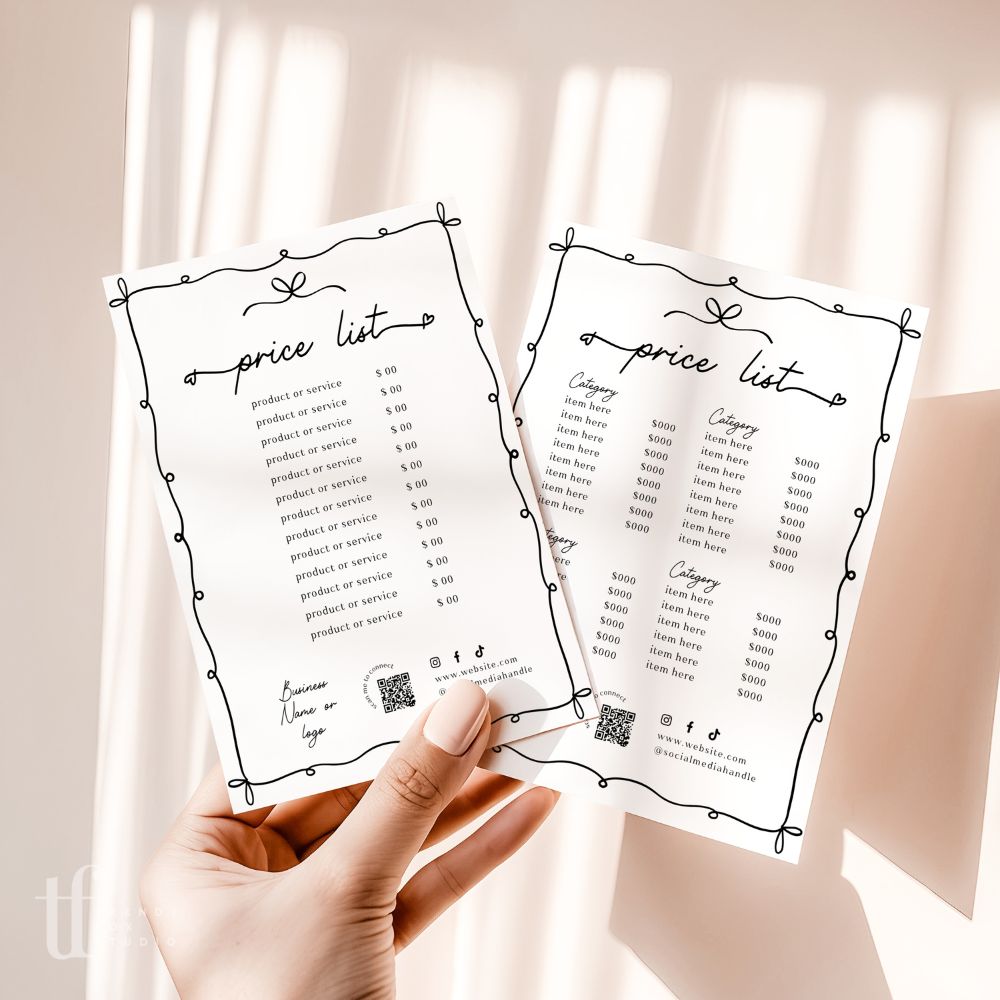 Price List Menu Canva Template | Whimsical Coquette | Thea - Trendy Fox Studio