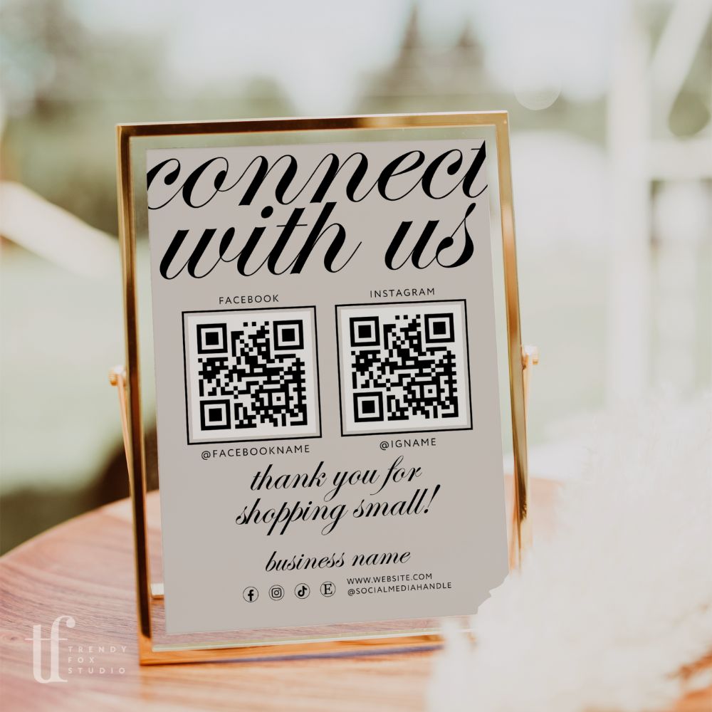 Connect With Us QR Code Social Media Sign Canva Template | Modern Luxe | Wynn - Trendy Fox Studio