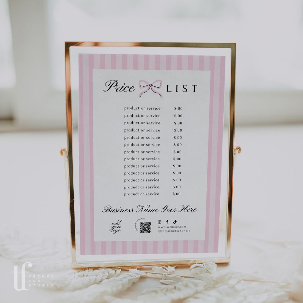 Price List Menu Canva Template | Coquette Stripes | Brit - Trendy Fox Studio