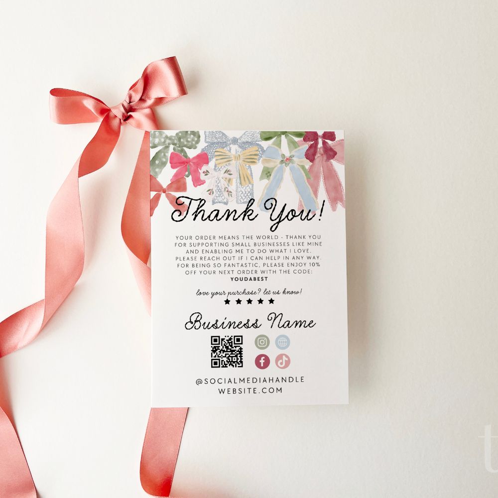 Christmas Business Thank You Card Canva Template | Coquette Bows Holiday Insert