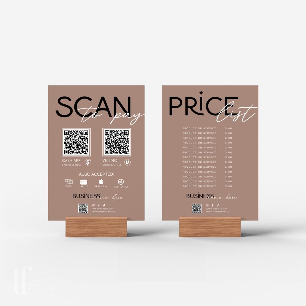 Scan to Pay Sign &amp; Price List Sign | 2 QR Code | Canva Template | Lyra - Trendy Fox Studio