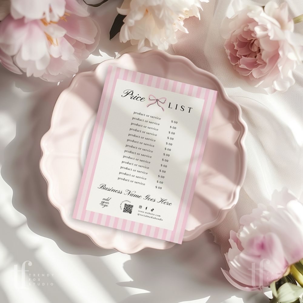 Price List Menu Canva Template | Coquette Stripes | Brit - Trendy Fox Studio