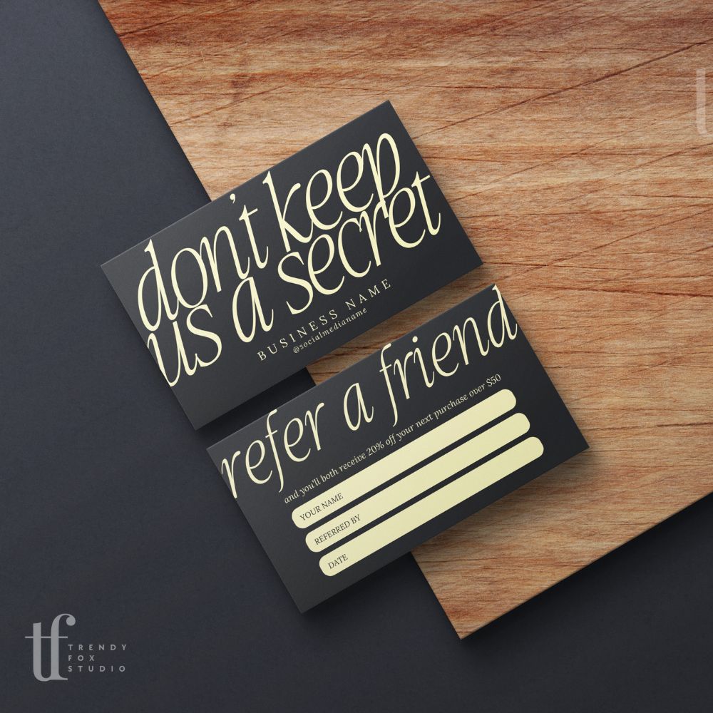 Refer A Friend Discount Card Canva Template | Luxe Black | Nysa - Trendy Fox Studio