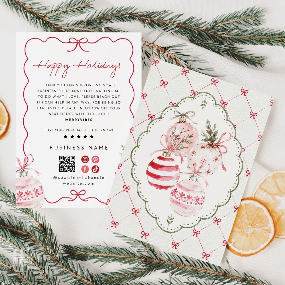 Christmas Business Thank You Card Canva Template | Coquette Watercolor Ornaments Holiday Insert