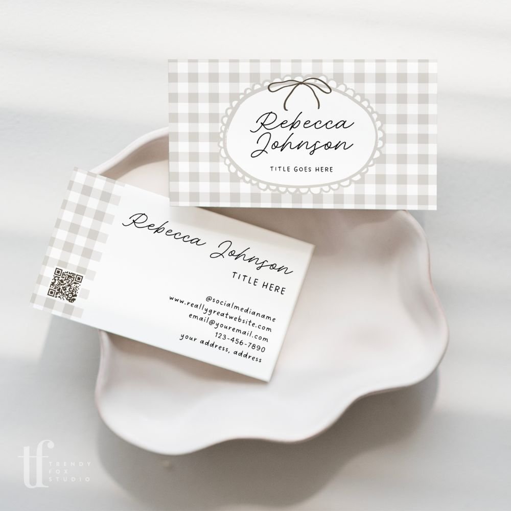 Business Card Canva Template with QR Code | Cottagecore Gingham | Lula - Trendy Fox Studio