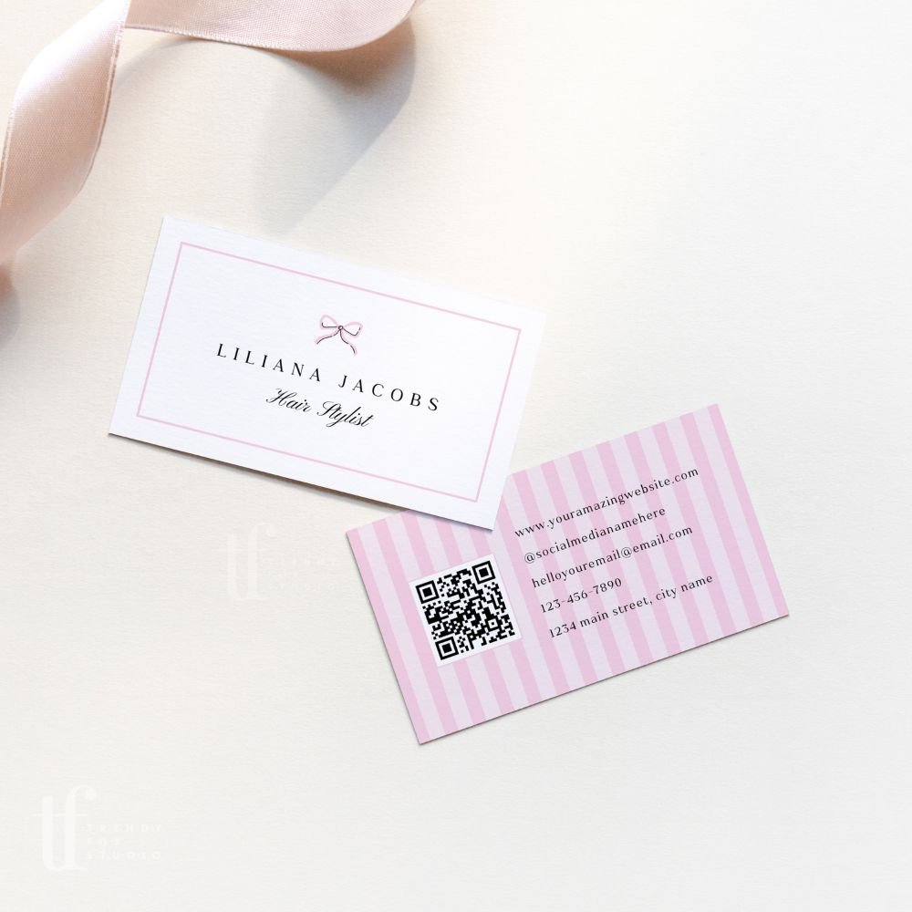 Business Card Canva Template with QR Code | Coquette Stripes | Brit - Trendy Fox Studio