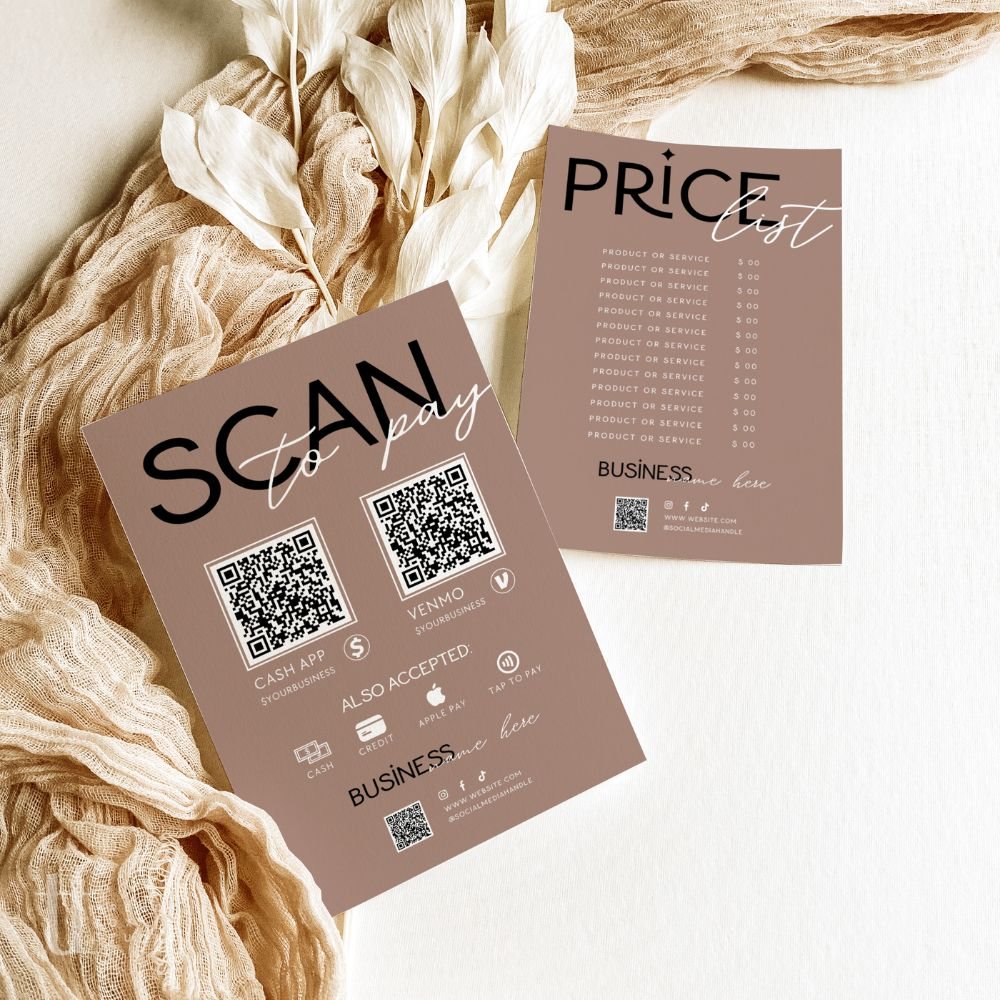 Scan to Pay Sign &amp; Price List Sign | 2 QR Code | Canva Template | Lyra - Trendy Fox Studio