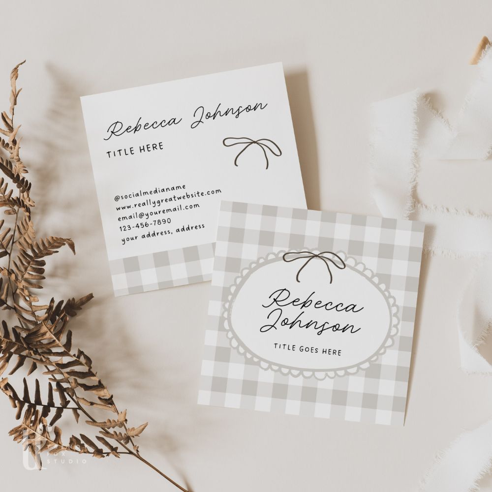 Square Business Card Canva Template with QR Code | Cottagecore Gingham | Lula - Trendy Fox Studio