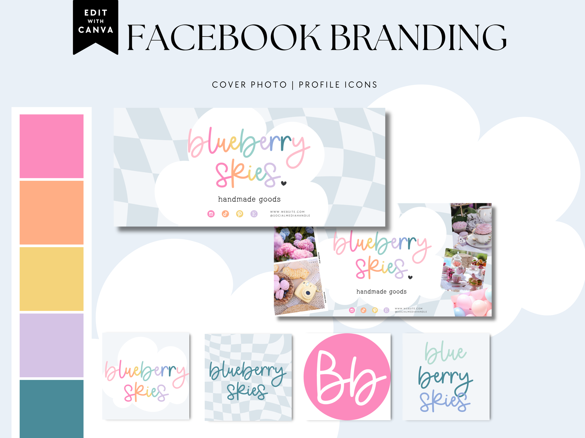 Pastel Rainbow Whimsical Facebook Cover Branding Set Canva Template | Lumi